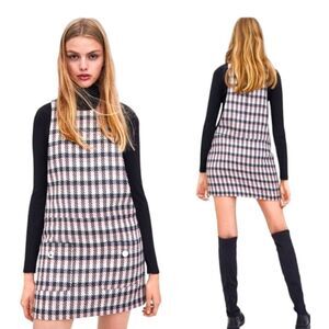 ZARA METALLIC PLAID TWEED OVERALL MINI DRESS FRONT POCKETS LIGHT ACADEMIA PREPPY